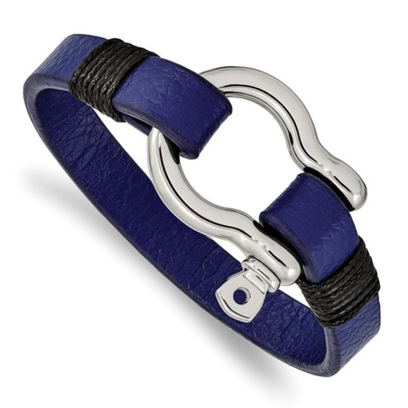 Stainless Steel Nautical Mariner Black and Blue Leather 8.25in Shackle Bracelet - Picture 1 of 4